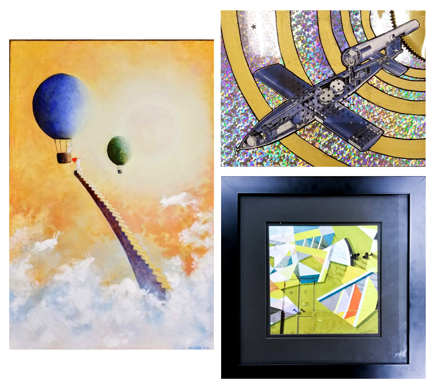 three images of artwork available for auction for the mfsm benefit gala